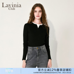 Y55T101 打底针织衫 Lavinia2025早秋新款 假两件撞色领T恤女V领修身