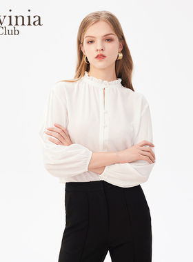 Lavinia白色衬衫女木耳边小立领设计雪纺上衣春秋新款J41C116