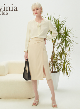 Lavinia褶皱开叉高腰中长款半身裙女春秋新款包臀一步裙R31Q114