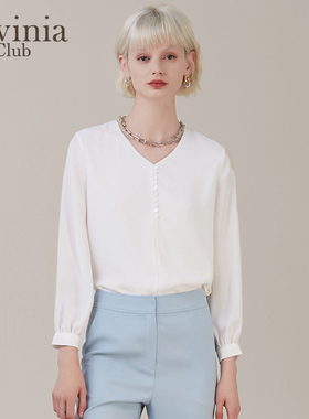 Lavinia 法式复古春秋新款白色v领修身显瘦气质衬衫衬衣女Q25C101