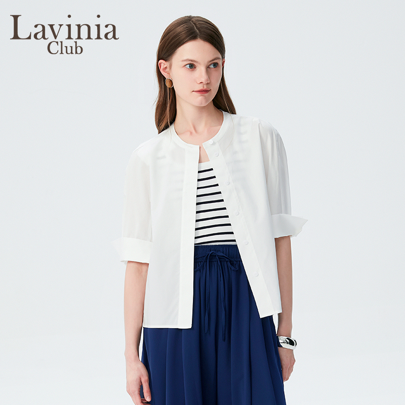 Lavinia夏季新款女装休闲通勤圆领宽松直筒开襟白衬衫B43C102