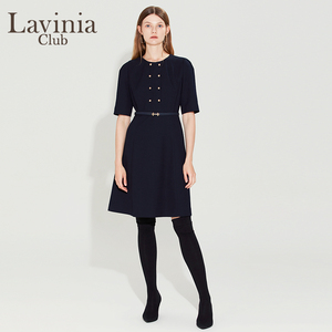 Lavinia女装春秋新款优雅圆领短袖复古气质通勤连衣裙R35L111
