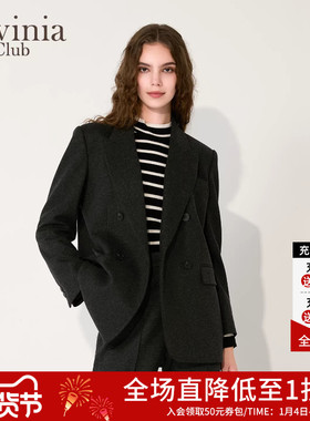 Lavinia2025冬新款高智感双排扣戗驳领粗花呢西装外套女J57W101P