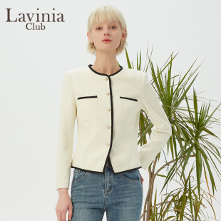 Lavinia春秋新款 复古撞色圆领收腰气质通勤外套女上衣R31W104