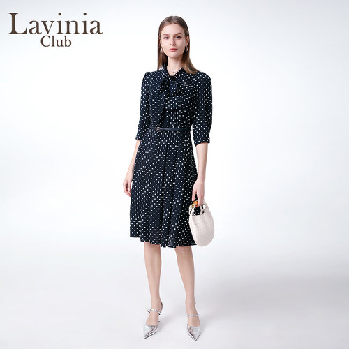 Lavinia波点雪纺连衣裙飘领