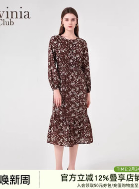 Lavinia连衣裙春秋新品优雅气质通勤碎花长袖中长裙女P45L50