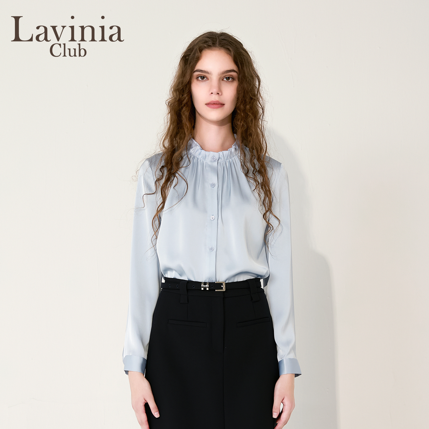 Lavinia蓝色木耳边立领长袖衬衫女秋2025新款职场通勤衬衣J55C111