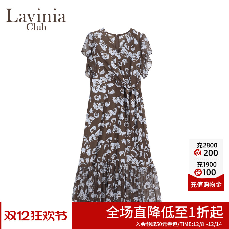 Lavinia2025夏新款法式通勤长裙气质修身V领包袖连衣裙女Y53L162