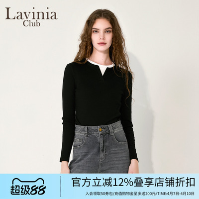 Lavinia2025早秋新款假两件撞色领T恤女V领修身打底针织衫Y55T101