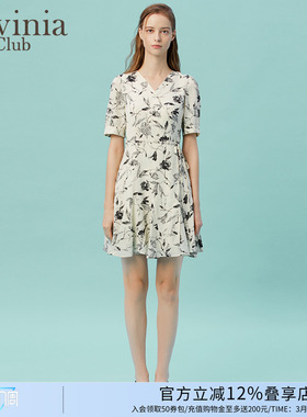 Lavinia女装水墨风印花新中式风气质短袖V领显瘦连衣裙女P33L119