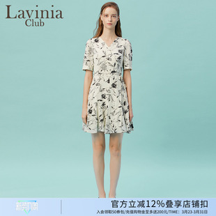 V领显瘦连衣裙女P33L119 风气质短袖 Lavinia女装 水墨风印花新中式
