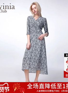 Lavinia法式v领修身碎花裙女2025年春新款设计感压褶连衣裙Q51L55