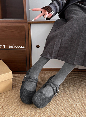 TTWuuu内增高4CM~韩系灰色双扣带毛毛玛丽珍鞋气质格雷系单鞋女