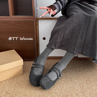 女 气质格雷系单鞋 TTWuuu内增高4CM 韩系灰色双扣带毛毛玛丽珍鞋