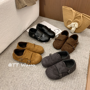 女冬季 新款 棕色毛毛鞋 乐福鞋 搭扣加绒勃肯鞋 保暖增高棉鞋 Wuuu