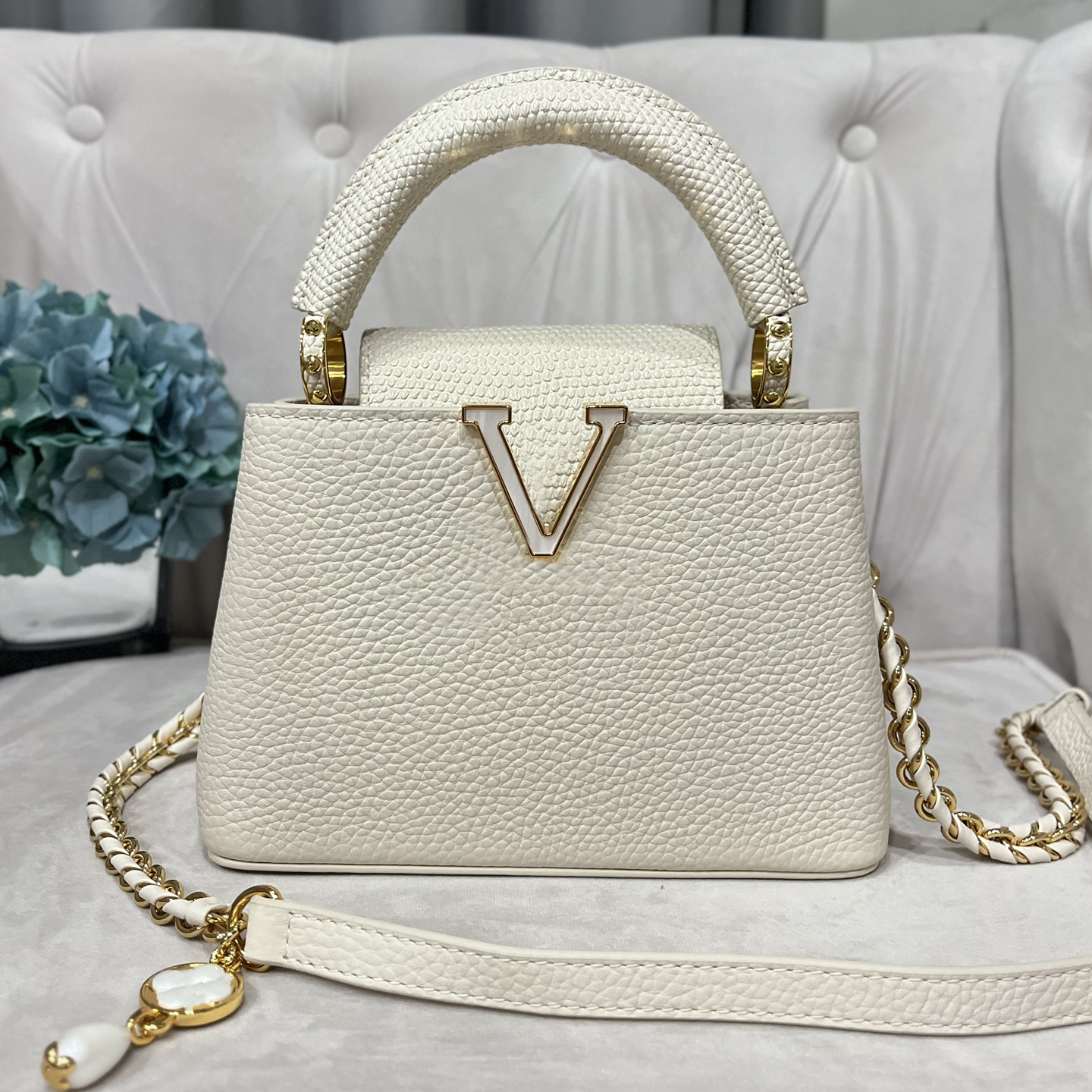 定制限量款卡普心牛皮拼蜥蜴贝母珍珠链条包女士手提包迷你号新款