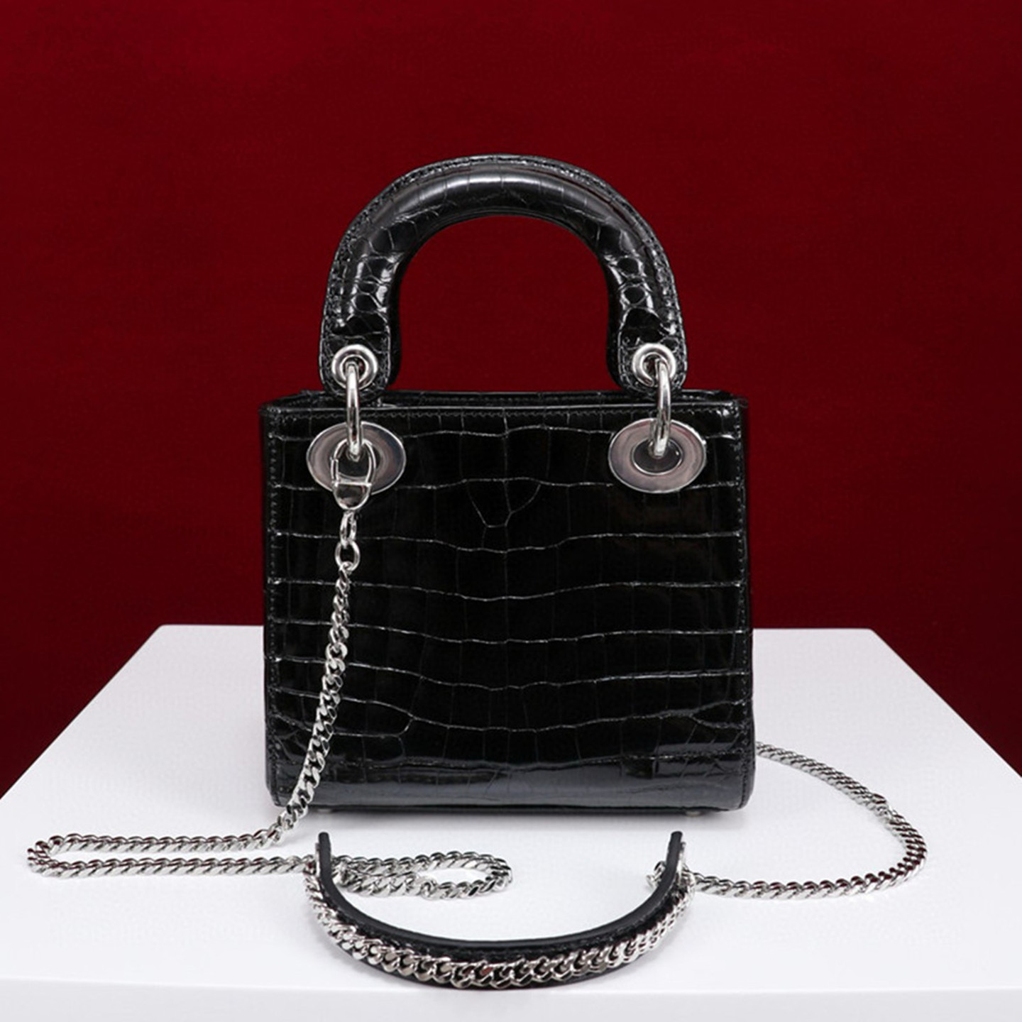 定制限量鳄鱼纹戴妃包三格牛皮女包小号17cm金银扣亮面女士手提包