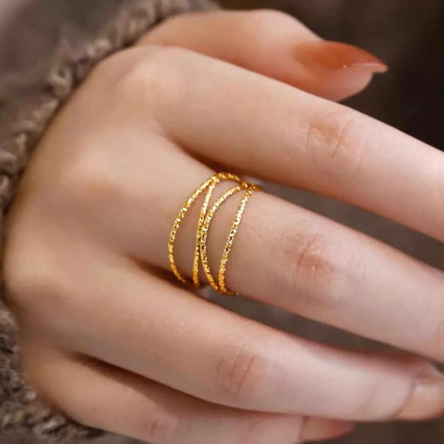 法式ins多层弯曲设计感钛钢戒指 文艺时尚个性镀18K金食指指环女