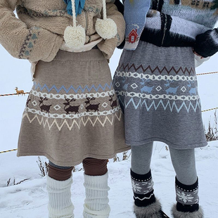 费尔岛风圣诞毛线半身裙女复古波浪裙摆A字短裙小个子弹力裙子