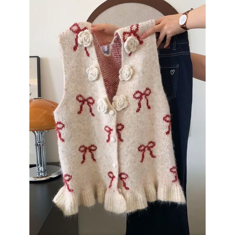 法式甜美风蝴蝶结立体花朵V领针织马甲背心女叠穿毛衣小个子开衫,女装/女士精品,马夹,淘宝优惠券,粉丝福利购,淘宝优惠卷