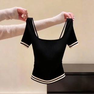 显瘦条纹拼接小众设计感上衣小个子打底衫 女修身 针织衫 方领短袖