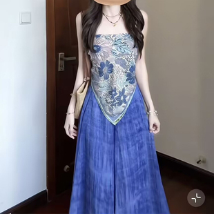 闊腿褲 兩件套 單件韓系度假風(fēng)暈染不規(guī)則背心 飄飄褲 女 度假風(fēng)套裝