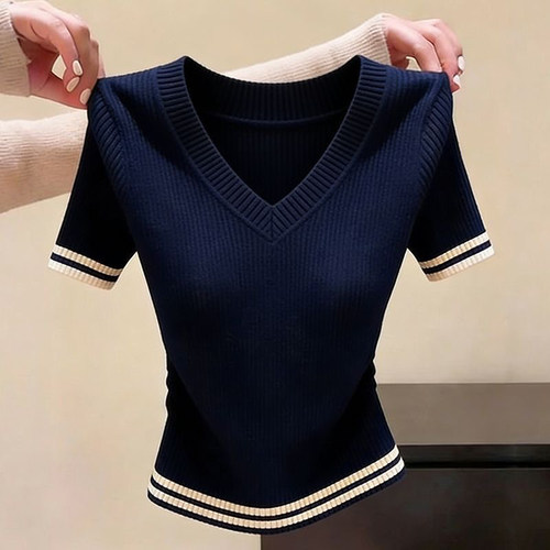 复古chicV领短袖针织衫女修身显瘦撞色条纹上衣设计感简约打底衫