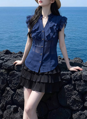 两件套/单件法式V领小飞袖衬衫+显瘦休闲A字裙新款小个子套装女