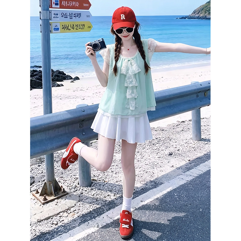两件套/单件甜美小飞袖T恤无袖设计感衬衫+日系古着风短裙套装女 - 实物图