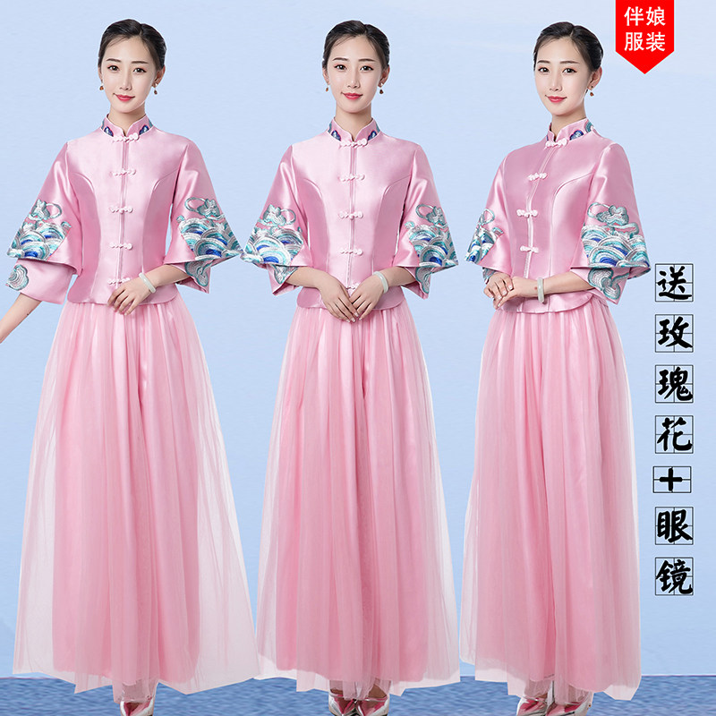 伴娘服中式姐妹团宴会礼服女长款中国风闺蜜伴娘裙伴郎秋冬伴娘服