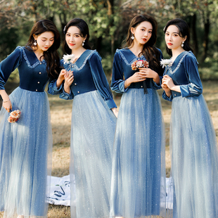 伴娘服冬装 丝绒连衣裙合唱演出年会主持人礼服闺蜜姐妹团 2023新款