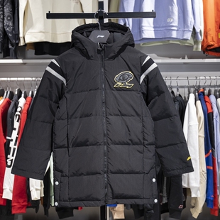 李宁男大童中长款羽绒服2024冬季反光防泼水宽松鸭绒外套YYMU027