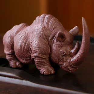 宜兴紫砂茶宠雕塑摆件名家李建伟手工精品正品紫泥可养长角犀牛