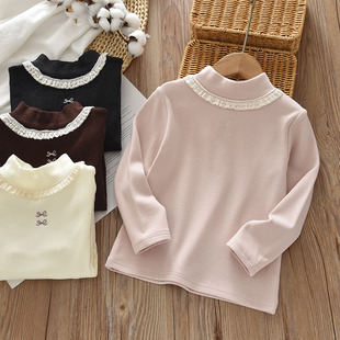 加绒保暖女童半高领打底衫儿童短款修身上衣中大童加厚内搭T恤衫
