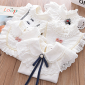 纯棉女童白色打底衫 女孩立领蕾花边中大童 儿童弹力翻领珍珠衬衫