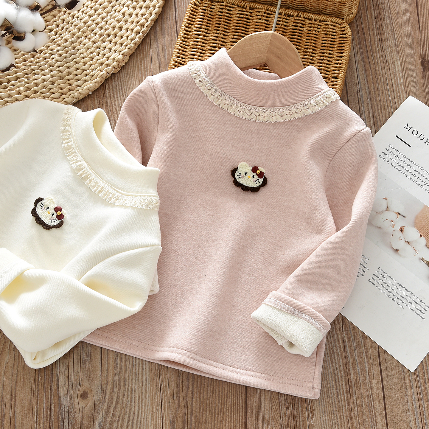 女童加绒加厚打底衫儿童半高领一体绒T恤衫冬款高领百搭保暖上衣