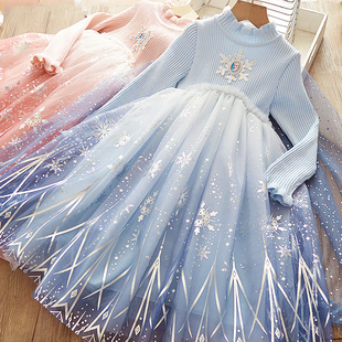 冰雪奇缘爱莎公主连衣裙女童加绒加厚新年针织拼接长裙礼服毛衣裙