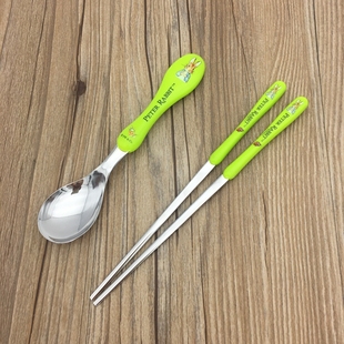 韩国进口彼得兔餐具儿童筷子勺子套装不锈钢学生勺筷组合便携可爱