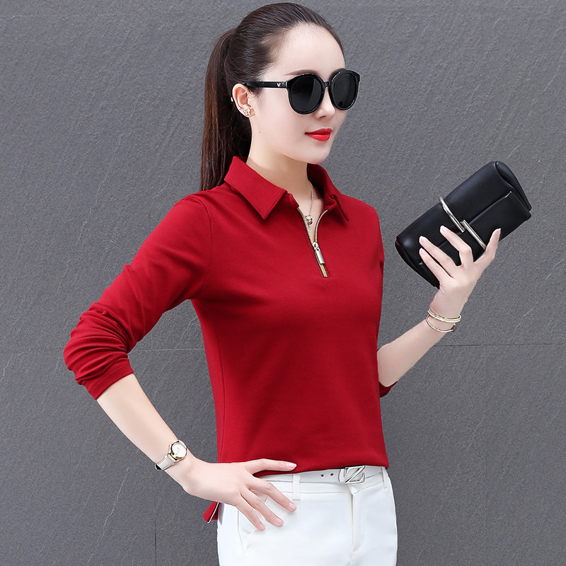 长袖纯棉运动T恤女2020年春秋冬装时尚大码翻领polo衫厚打底衫女