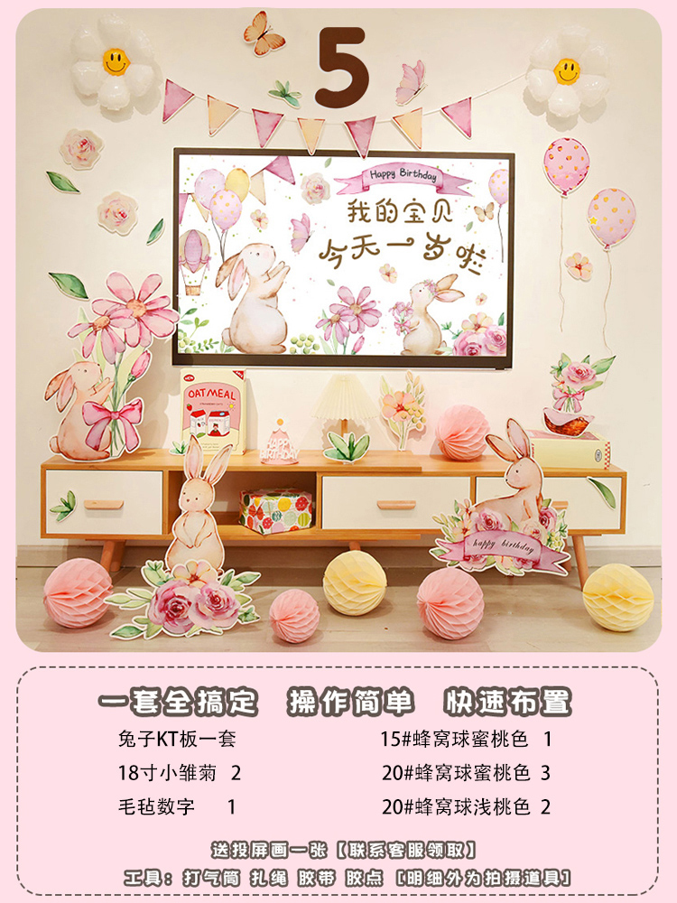 兔宝宝生日布置背景墙装饰生日水彩兔2岁女孩儿卡通投屏场景套餐