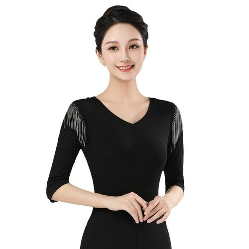 莫代尔舞蹈上衣练功服广场舞新款服装黑色长袖跳舞衣服形体训练女