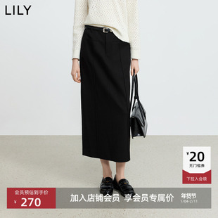 LILY2025冬新款女装含羊毛弹力显瘦气质职业通勤黑色直筒裙半身裙
