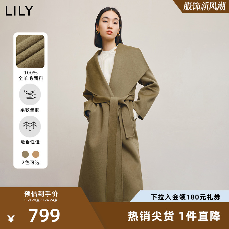 LILY2023新款女装气质保暖全绵羊毛通勤款宽松长款毛呢大衣外套