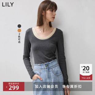商场同款 修身 LILY夏日新款 U领精致LOGO绣花慵懒长袖 T恤 两件式