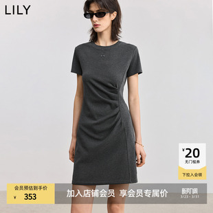 LILY2025夏新款 T恤连衣裙女 格雷系极简风不对称褶皱收腰休闲短袖