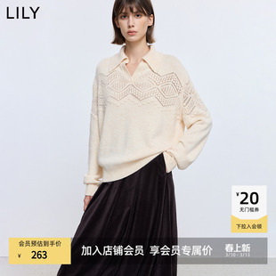 LILY2025冬新款女装羊毛混纺法式镂空绣花翻领气质通勤针织衫毛衣
