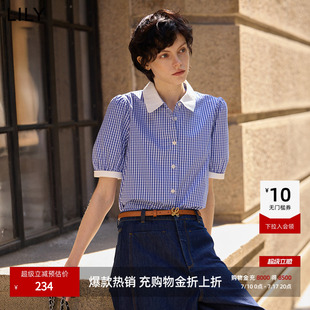 LILY2026新款简约气质蓝色格纹宽松休闲百搭通勤短袖衬衫外套女