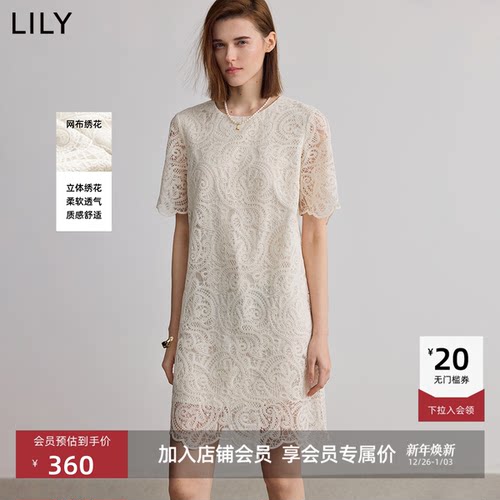 LILY蕾丝短袖圆领镂空连衣裙女