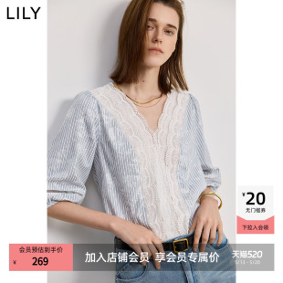 条纹蕾丝雪纺衫 法式 通勤V领短袖 泡泡袖 LILY2026夏新款 套头衫 女装