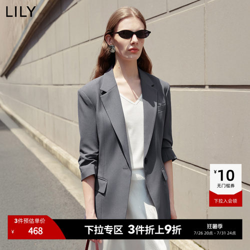 LILY2026夏新款复古经典竖条纹驳领七分袖修身收腰西装外套女西服